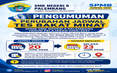 PENGUMUMAN PERUBAHAN JADWAL TES BAKAT MINAT SPMB SMK NEGERI 8 PALEMBANG TAHUN PELAJARAN 2026/2027
